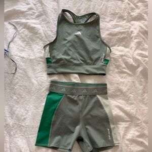 adidas Green Colorblock Sports Bra & Shorts Set